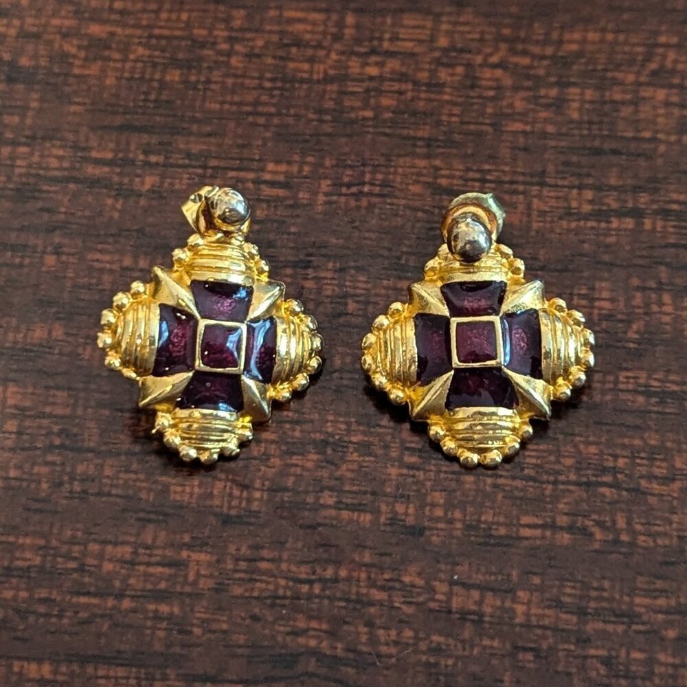 Vintage Dauplaise Statement Earrings Gold‎ Garnet Tone Costume Jewelry Victorian